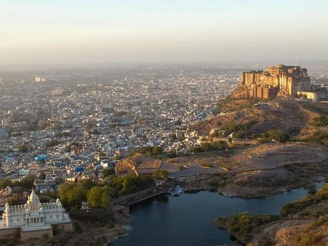 A wide aerial view of Jodhpur with Mehrangarh Fort and Jaswant Thada
